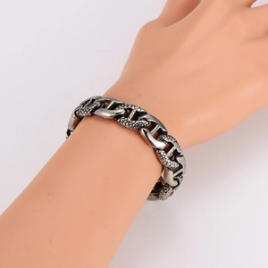 Bracelet pour homme en acier inoxydable argent antique avec maillons à motif d'écailles