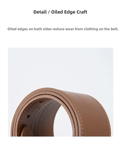 Detail shot of the brown leather belt showing high-quality edge oil finish and neat stitching