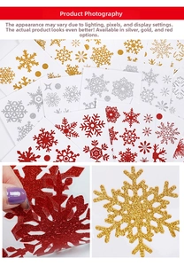 Detailed close-up of snowflake glitter stickers in gold, silver, and red festive colors