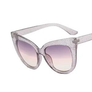 Cat eye glasses frame with glitter details and purple gradient lenses in 45-degree view