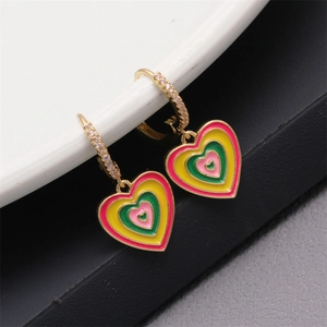 Colorful Enamel Concentric Heart Hoop Earrings With Zircon Copper Pendant Trendy Fashion Jewelry For Women And Girls
