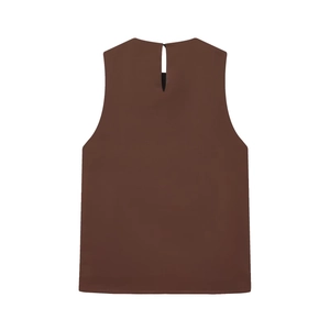 Detail view of dark brown sleeveless top featuring round neck and back teardrop cutout