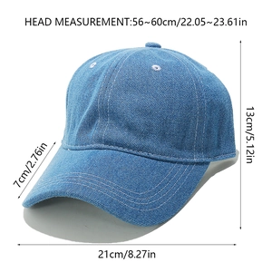 Detailed dimensions of the washed denim baseball cap showing brim length and head circumference