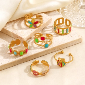 Bagues Ouvertes En Acier Inoxydable Émail Coloré Pour Femmes Bohème Plqué Or Ajustable Coquille Fleur Bijoux