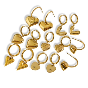 Collection of gold heart earrings in 14K stainless steel with various textured designs