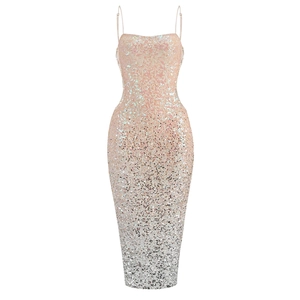 Detailed view of champagne pink to silver gradient sequins on a slim fit party dress