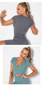 Detail of seamless ribbed knit yoga set showing V-neck crop top and high waist shorts