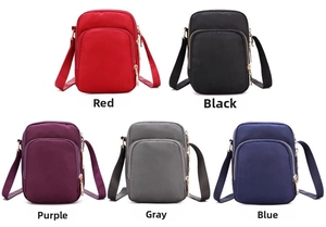 Detailed collection of five nylon crossbody bags in red, black, purple, grey, and blue
