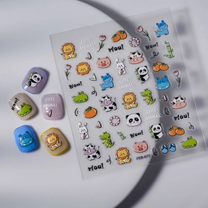 5D embossed animal nail stickers featuring cartoon lion and panda for kids manicure