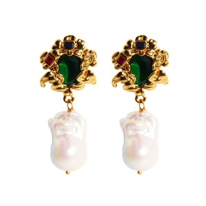 Baroque vine earrings with emerald gemstones and large white baroque pearls on gold base