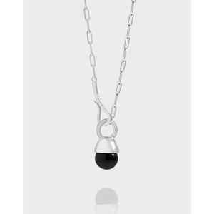 S925 Sterling Silver Necklace With Black Onyx And Shell Artificial Pearl Pendant Paperclip Link Chain Minimalist Jewelry For Women