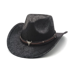 Black cracked leather western cowboy hat with brown belt and silver bull skull ornament
