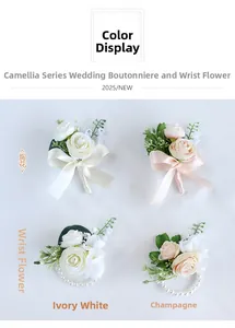 Detailed view of ivory white camellia corsage and wrist flower with pearl bracelet