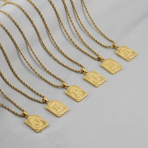 Hip hop 18K gold plated stainless steel square alphabet pendant necklaces on rope chains