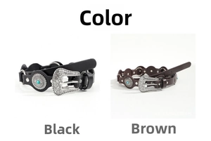 Detail of vintage punk belts with turquoise inlays in black and coffee brown colors
