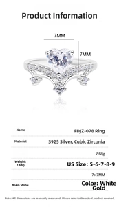 Technical chart of S925 silver heart crown ring with 7x7mm cubic zirconia stone