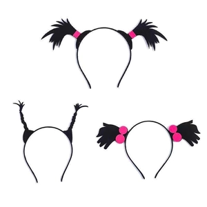 Funny cartoon black fabric headbands with pink bows and feather decor on white background