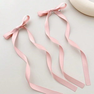 Pink satin ribbon bow hair clips with long streamers for women in ballet style