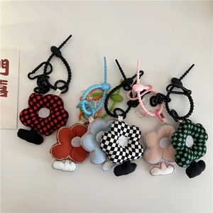 Flower Plush Bag Charm Embroidered Cloth Checkered Pattern Pendant Silicone Strap Keychain Decor For Women