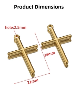 Detailed size view of gold stainless steel cross pendants with 34mm height and 21mm width
