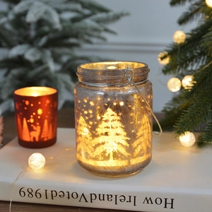 Frosted glass Christmas candle holders with forest deer pattern and metal handle decor