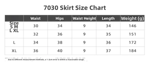 Detailed size chart for high waist tennis skirt with waist and length measurements