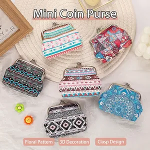 Set of 6 ethnic style mini canvas coin purses with vintage metal clasp closure