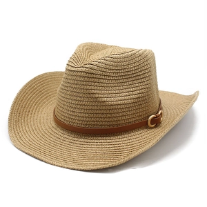 Klassischer Cowboyhut aus Stroh mit breiter Krempe und braunem Lederband-Dekor