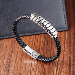 Braided Leather Bracelet For Men With 316L Stainless Steel Magnetic Clasp Geometric Rings Vintage Street Style