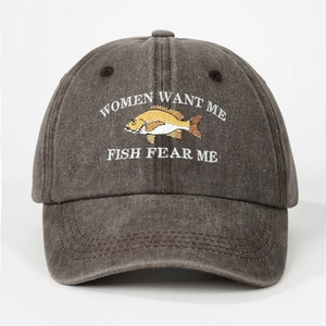 Detailed embroidery on grey washed baseball cap with Fish Fear Me funny slogan design