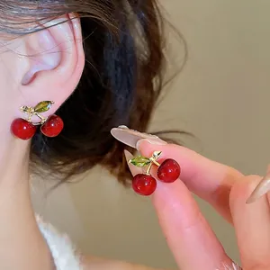 Sweet Cherry Stud Earrings With Red Resin Fruit Green Zircon Leaf Gold Alloy And Silver Earring Post For Women Gifts