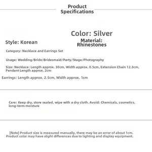 Detailed size specifications for silver claw chain necklace and teardrop earring set