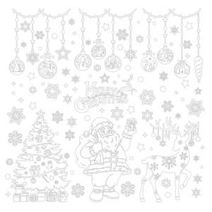 White Christmas snowflake window stickers featuring Santa Claus and reindeer decal