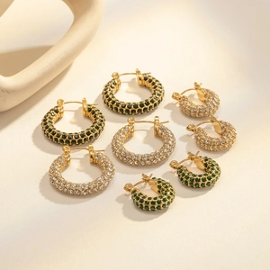 18k gold plated stainless steel hoop earrings with white and green cubic zirconia stones