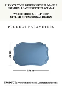 Detailed macro view of blue faux leather placemat with waterproof texture and dimensions