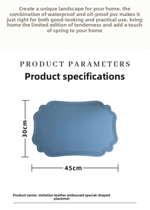 Detailed macro view of blue faux leather placemat with waterproof texture and dimensions