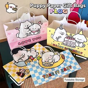 Cute cartoon puppy gift paper bags with cotton rope handles in pink and blue colors
