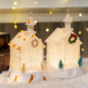 Two-piece glowing crystal Christmas church miniatures with LED lights and glitter
