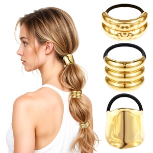 Polished gold metal ponytail cuff hair ring set with elastic band for women