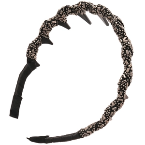 Elegant wavy black headband with shimmering silver rhinestones and non-slip inner teeth