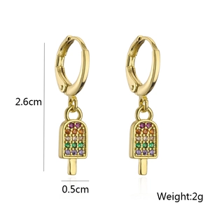 Detail view of 18K gold-plated popsicle earrings with colorful zircon stones and dimensions