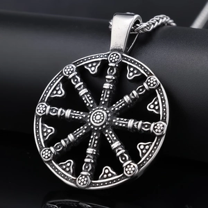 Nordic Viking compass pendant necklace in retro silver finish on black display stand