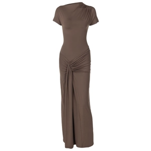 Detail of chocolate brown slim fit dress with waist twist and side pleated shoulder