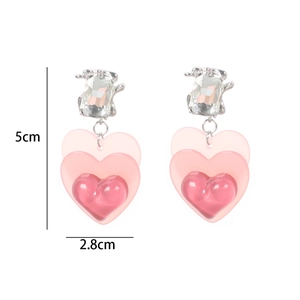 Detailed view of pink gradient heart earrings with dimensions 5cm height and 2.8cm width