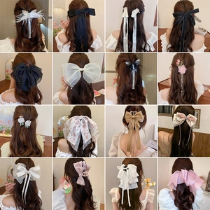 Collage showing various French mesh bow hair clips with pearls and long ribbons for women