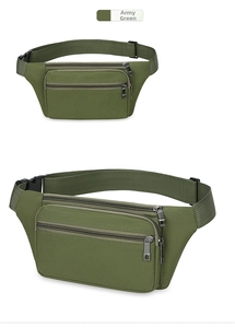 Detail view of army green nylon waist bag showing zippers and adjustable buckle strap