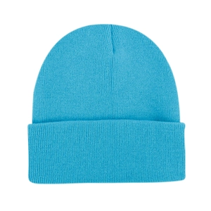 Solid bright blue knitted beanie hat with wide cuff and classic ribbed texture