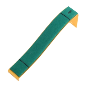 Curved metal jewelry display stand with green microfiber suede for bracelets and necklaces