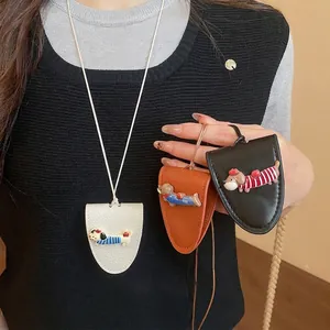 Cartoon Dachshund Dog Pendant Necklace Leather Sunglasses Clip Case Resin Animal Figurine Long Lanyard Accessory Women
