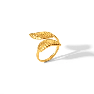 Detailed view of adjustable gold-plated stainless steel ring with double leaf design